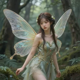 a pretty forest fairy in a scenic woods, sweet, graceful wings muted colors, sharp focus, high fantasy art, fairy aesthetics, intricate, elegant, highly detailed, hyperrealistic painting, artstation, concept art, v painterly, dreamy, soft illumination, hasselbrad photography, illustration, art by artgerm and scot howden