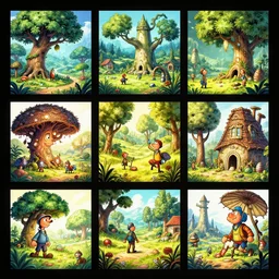 photo cartoon illustration comics manga painting of farmenvironement : 6 fantasy environement, digital painting, unreal engine, 8 k, volumetric lighting, contrast by john kirby by carl warner and jim woodring, trending on artstation