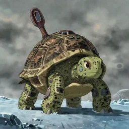 cell shaded cartoon of a giant lovecraftian mechanized turtle from howl's moving castle ( 2 0 0 4 ), on an icy road in the mist, full body, wide shot, very muted colors, post grunge, studio ghibli, highly detailed, deviantart, art by artgem