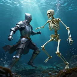 a knight!!, fighting a human skeleton!!!!!!!!!!!, underwater!!!!!!, dynamic lighting, caustics, 4 k, trending on artstation