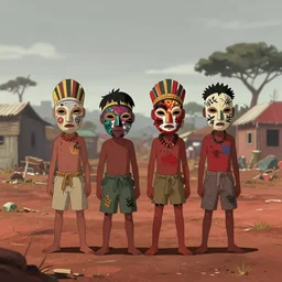 a film still from Tekkonkinkreet, four kids wearing African tribal masks with graffiti war paint stand together in an open field in the middle of an African favela , 2d game fanart behance hd anime key art by Jesper Ejsing, RHADS, Makoto Shinkai and Lois van baarle, ilya kuvshinov, rossdraws global illumination, muted red and grey