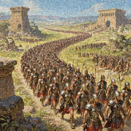 marching army of amazons through ancient lands, intricate details, collosal scale, detailed armour, artstation, epic scenery, colourful light, cinematic, digital painting by marco bucci