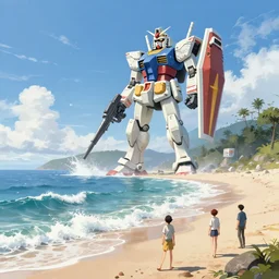 A serene coast with a GIANT MECHA GUNDAM bright sunny waves splashing on the beach, rendered by simon stålenhag, rendered by Beeple, Makoto Shinkai, syd meade, environment concept, digital art, Gundam style, starwars, unreal engine, 3 point perspective, WLOP, trending on artstation, low level, 4K UHD image, octane render,