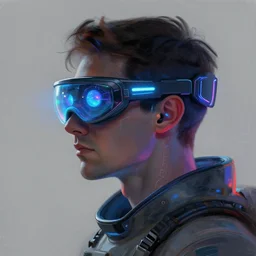 sillouete side view future coder man, stylized cyclops display over eyes and sleek glowing headset, neon accents, holographic colors, desaturated headshot portrait digital painting by donato giancola, philip coles, ivan bilibin, john berkey, astronaut cyberpunk electric lights profile