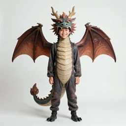 ordered by yasuo kuniyoshi, by audrey kawasaki. a conceptual art of a young boy disguised as a dragon. the boy is shown wearing a costume with dragon - like features, including a long tail, wings, & horns. he has a large grin on his face, suggesting that he is enjoying his disguise.
