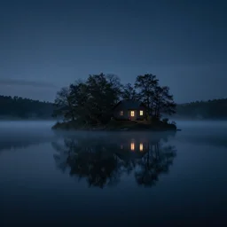 a dark and moody lake with an island in the middle and a small hut with a soft glow coming from the windows, low fog, stars, midnight, fantasy, surreal, high detail