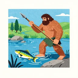 grainy risograph, painting of a prehistoric hairy caveman hunting prehistoric fish with spear in river, vivid colors, by moebius and lehr paul and kim jung gi