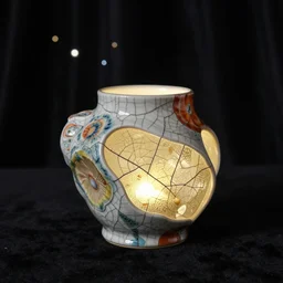 study of shino ceramic pot with innovative organic shape, colored cracked, individual piece, black curtain background, by zeng fanzhi, lacquer, carved lacquer, bokeh, essence, tiny, nightlight, studio lighting, hard lighting