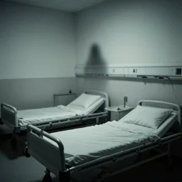 Empty hospital ward. Beds. Cold, harsh lighting. Clean. Paranormal, eerie vibes. Ghostly apparition. Grainy photograph.