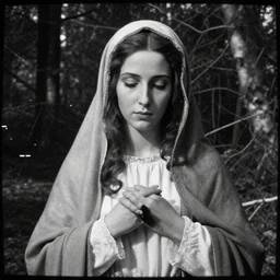 marian apparition in forest, high contrast, found footage, vhs, 1 9 9 0, beautiful, highly realistic, highly detailed, vhs noise static, black and white, vhs glitch