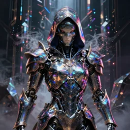 Ultra realist and ultra intricate dark detailed painting of an powerful hooded armor iridescent elite assassin, human face biomechanical complex body, 3D render, symmetry, rich style, glowing iridescent sparks and smoke behind, crystallic cyberpunk megastructure background, artstation, colorful, badass, dark ominous stealth, unreal render, depth of field