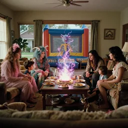 movie still by alejandro jodorowsky of a beautiful day in a family living room in a suburban neighborhood usa, visible magic energy, dream creature costumes, transcending cult members, talking animals, haunted bounce house, cinestill 8 0 0 t eastmancolor technicolor, high quality, very detailed, heavy grain, fine facial features, 8 k, octane render