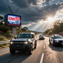 color tv still cnn news live, donald trump in car ford bronco, high speed chase freeway, police cars