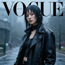 portrait photo of cyberpunk girl under rain, fashion editorial photography, from vogue magazine