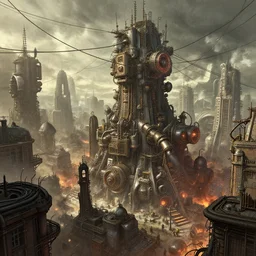steam punk city under attack, by greg rutkowski, so many wires