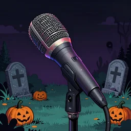 an closeup astatic d 1 0 4 microphone with a detailed matte painting of a muted skullpunk vaporwave ombre. a small creepy garden at night with cross - shaped tombstone and pumpkins. detailed with strong clean lines.