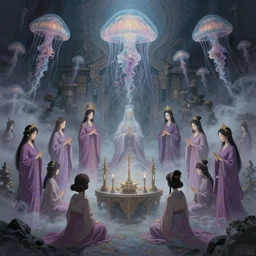 A painting of priestesses worshipping at the jellyfish temple, shrouded in mist, jellyfish god, 8K, illustration, by by Takato Yamamoto and Makoto Shinkai, smoke, cinematic, insanely detailed and intricate, hypermaximalist, elegant, super detailed, award-winning, mauve and cyan, mysterious, ancient, ritual, ethereal, trending in cgsociety, artstation HQ, ornate, elite, haunting, matte painting