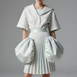 designer modern figure haute couture collection light textiles, body fitted dart manipulation, loose accordion form collar sailor uniform, midi skirt, stylized dynamic fold manipulation pleats shaping synthetic curves, secondary gradient scheme, holographic tones, striking pose, cute huge pockets, intriguing volume flutter, youthful, modeled by modern designer bust, expert composition, professional retouch, editorial photography