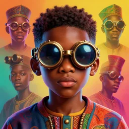 colourful vfx upper half - portrait - art of a nigerian boy wearing steam punk goggles with proportions in the style of jack davis, art by hsiao - ron cheng & james jean, digital render, digital illustration, concept art, caricature, volumetric light, ray tracing, symmetrical, unreal engine, octane 3 d render, sharp, detailed, intricate detail, pinterest, behance, art station,