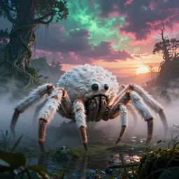 “ ominous massive colossal white feathery sci - fi alien spider crab monster with compound eyes covered in white fuzzy fungus with spider - like legs, swampy landscape with giant vines, trees & hills, thick heavy fog, sunset, golden hour, blue hour, colorful magenta and green dramatic cloud filled sky, by gerald brom, greg rutkowski, photo realism, unreal engine, c 4 d ”