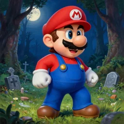 a ultra - detailed beautiful painting of waluigi from the mario bros series in a dark forest, a graveyard in the background, moonlight through the trees, oil panting, high resolution 4 k, by ilya kuvshinov, greg rutkowski and makoto shinkai n - 9