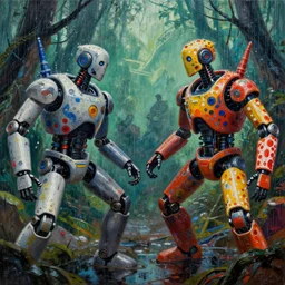 a beautiful intricate painting depicting epic battle between two self aware ai robots in cyberpunk rainforest, near future, realism, heroic, dirty, grunge, american style, jackson pollock, polkadot thrash,
