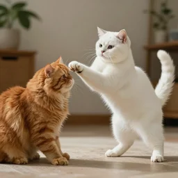 white mekong bobtail cat punching an orange persian cat, cinematic