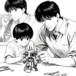 a father helping his son build a small robot, highly detailed, black and white, anime key still, inked, art by Kentaro Miura and Masamune Shirow