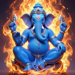 blue ganesha with man ’ s body, glowing fiery background, in the style of peter mohrbacher, wayne barlowe, gustav moreau, bussiere, roberto ferri, santiago caruso, luis ricardo falero, austin osman spare, colorful