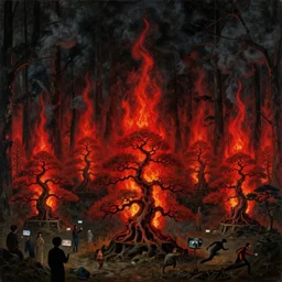 a surrealist painting of a dark forest of japanese bonsai trees on fire!!, large red flames towering over the forest and bonsai trees, thick black smoke billowing in the sky, people standing around screening and running, ominous, in the style of francisco goya