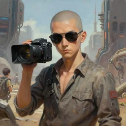 wide shot of a bald anime boy with matrix sunglasses holding a cinema camera in a martian city, scifi, detailed realistic shirt, detailed realistic face, photorealistic oil painting, digital art, by charlie bowater, by jeremy lipking, by makoto shinkai, octane render