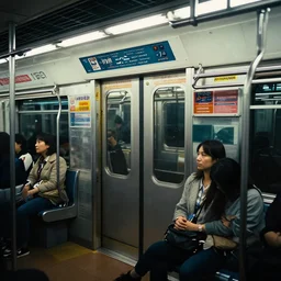 a subway ride in tokyo at night, hyper realistic, very detailed, cinematic