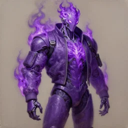 Character design sketch with body made of purple fire, mecha humanoid with cyberpunk bomber jacket,  concept art character, royalty, smooth, sharp focus, organic, deep shadows by Jerad Marantz, hyper-realistic oil painting, 4k, studio lightning