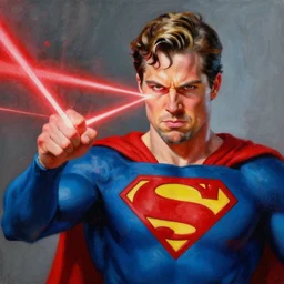 oil painting of superman with blonde hair and a head looking like bradley cooper without his beard, and throwing red lasers with his eyes, very angry