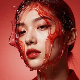 female face melting in red glass