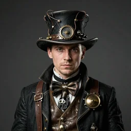 a man wearing steampunk clothes and a hat made of wires