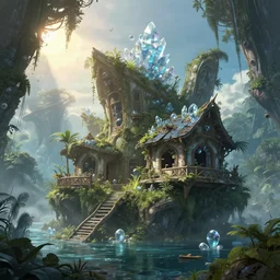 a beautiful detailed highly detailed cabin architecture abandoned by john howe, extraterrestial architecture island junglepunk at winter dieselpunk sci - fi meadow water otherworldly studio ghibli bioshock dramatic lighting elysian morning sun crystal, archdaily, wallpaper, highly detailed, trending on artstation.