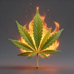 weed leaf, marijuana leaf, on fire, burning, 3D render, 3D model, highly-detailed fire
