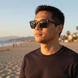 bajan canadian wearing sunglasses at santa monica beach during a sunset