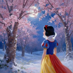 a beautiful painting of snow white watching a cherry blossom forest, volumetric lighting, moonlit by greg rutkowski and kalin popov, trending on artstation, masterpiece,