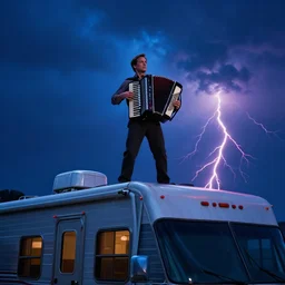 dwight schrute standing on the roof of an rv playing the accordion, dramatic scene, blue volumetric lighting, red lightning, ultra wide angle, movie still, photorealistic