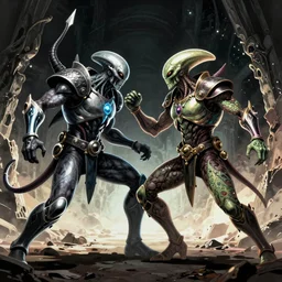 Two Alien Mutant Gladiators Battle To Their Demise In Another Universe Moebius HR Giger Style, 8K, octane render, HDR, volumetric lighting, Production I.G. Anime Style