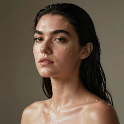 photo of a model, julia garner, black hair, beauty, half body portrait, greg kutkowski, sharp details, soft lighting, subsurface scattering, pearls of sweat, glistening skin, warm lighting
