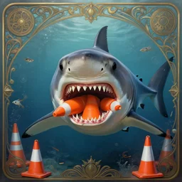 great white shark with orange and white striped traffic cones instead of teeth, underwater background detailed atmospheric - ron cheng & alphonse mucha, highly detailed, digital painting, ray tracing, concept art, illustration, smooth sharp focus, intricate, symmetry, artstation,