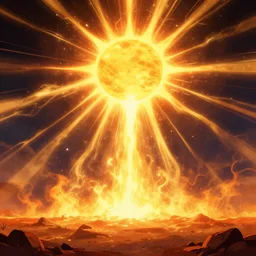 the sun releases rays of magical energy, scorching the ground below, digital art