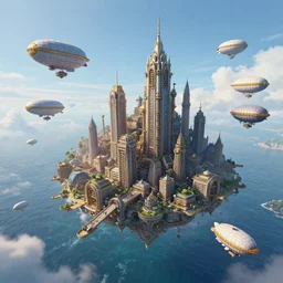 endless flying steampunk city in the sky with airships and dirigibles flying above the ocean
