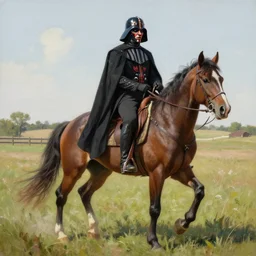 darth maul riding his horse in his big iowa property, realistic painting