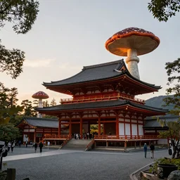 japanese forest temple honoring funghi designed by syd mead and zaha hadid, sunset photo shoot