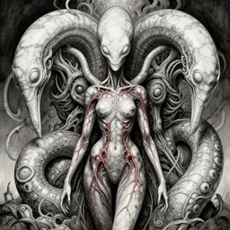 charmed asuras, naraka buddhist demon korean female, happy female alien, tubular creature, blood vessels, no face, dystopian surrealism, alex ries zdzisław beksinski, giger, symmetrical long head, smooth marble surfaces, smooth marble surfaces, detailed ink illustration, detailed ink illustration, raiden metal gear, cinematic smooth stone, deep aesthetic, concept art, intricate