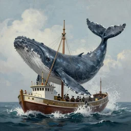 awe-inspiring digital art painting of a 19th century fishing vessel fighting a giant whale, 4k, matte